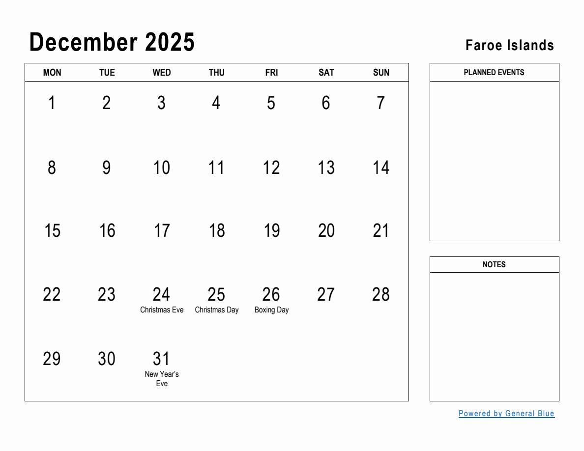 December 2025 Planner with Faroe Islands Holidays (Monday Start)