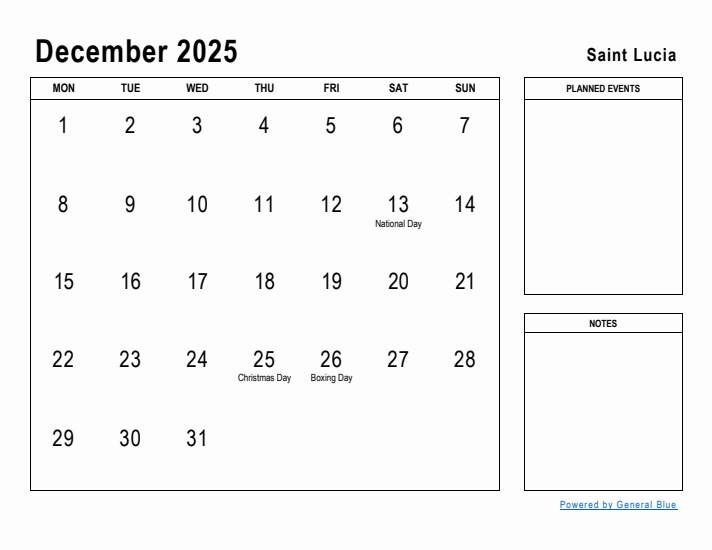 December 2025 Printable Monthly Calendar with Saint Lucia Holidays