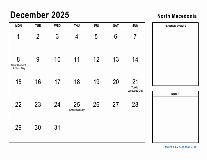 December 2025 Printable Monthly Calendar with North Macedonia Holidays