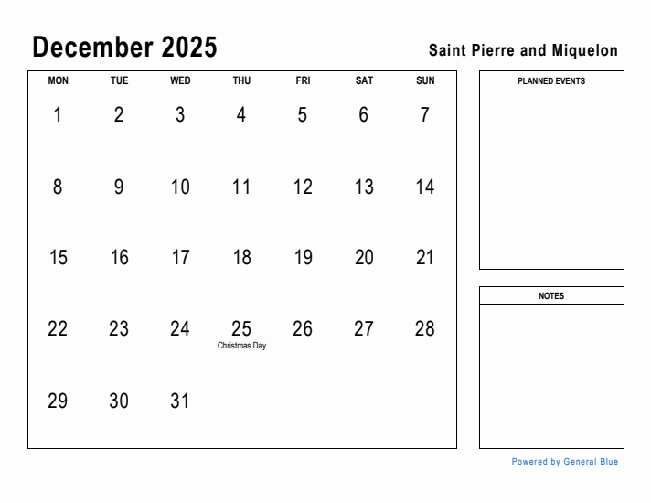 December 2025 Printable Monthly Calendar with Saint Pierre and Miquelon Holidays