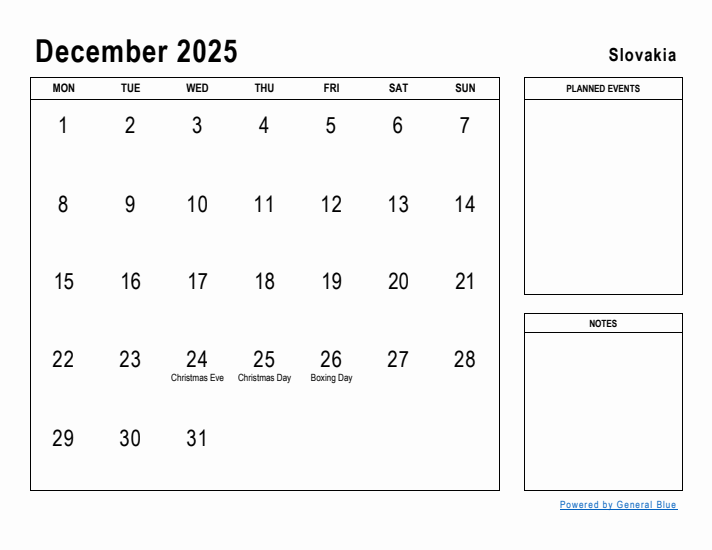 December 2025 Printable Monthly Calendar with Slovakia Holidays