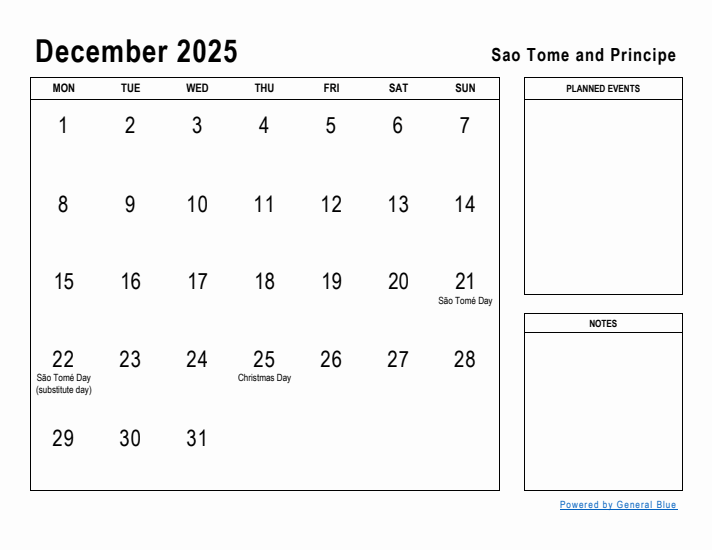 December 2025 Printable Monthly Calendar with Sao Tome and Principe Holidays