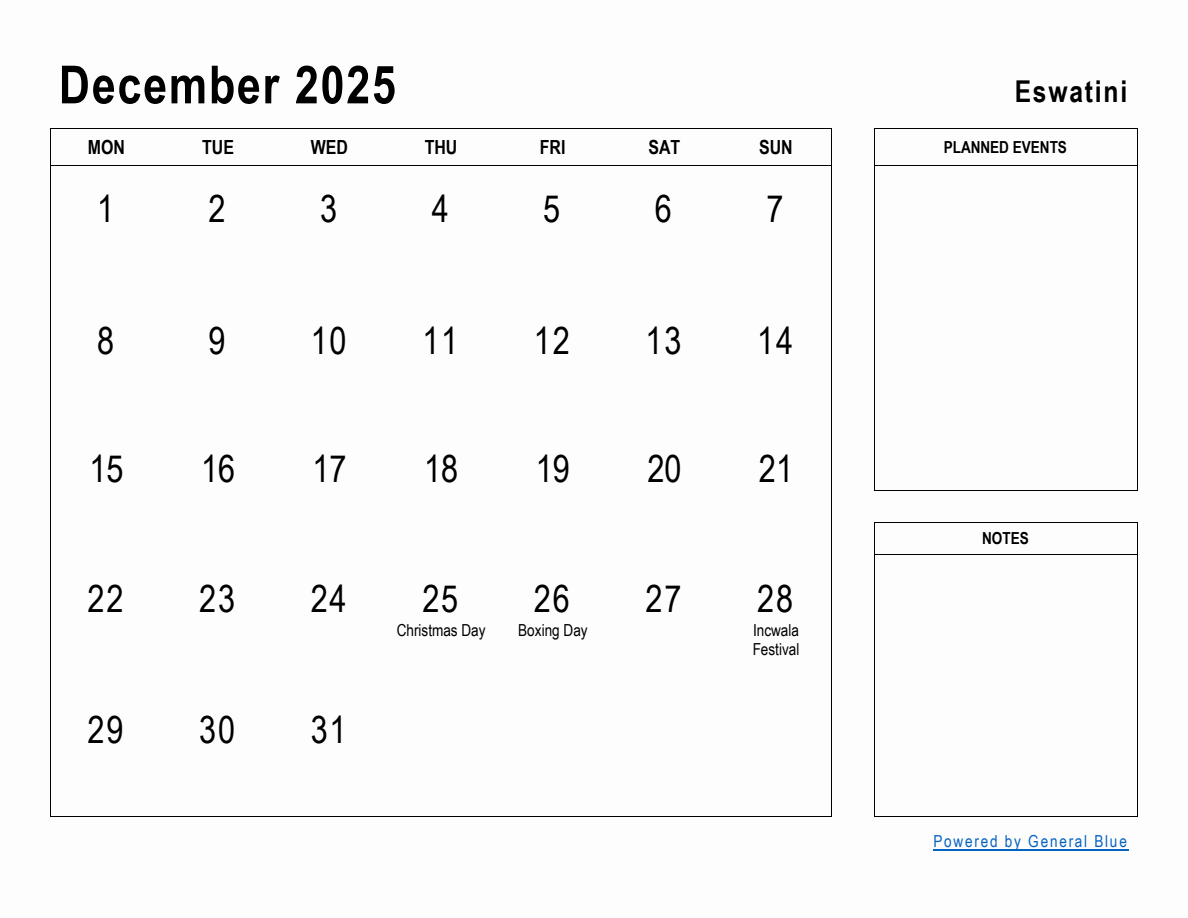December 2025 Planner with Eswatini Holidays (Monday Start)