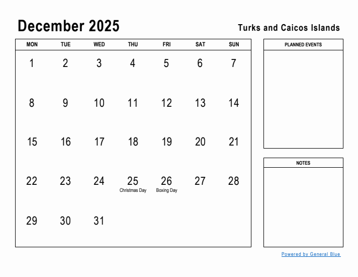 December 2025 Printable Monthly Calendar with Turks and Caicos Islands Holidays