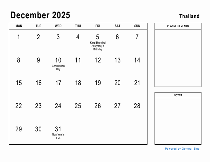 December 2025 Printable Monthly Calendar with Thailand Holidays