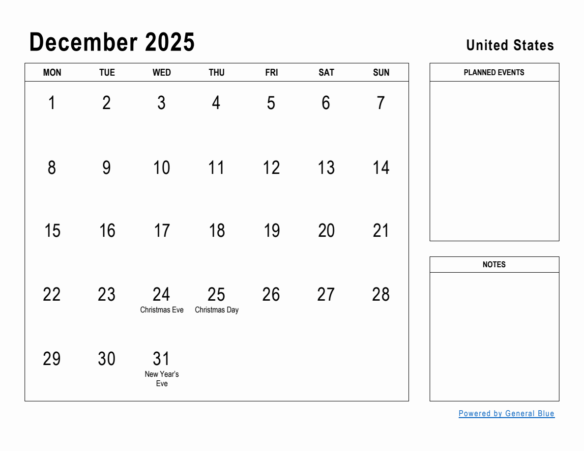 December 2025 Planner with United States Holidays (Monday Start)