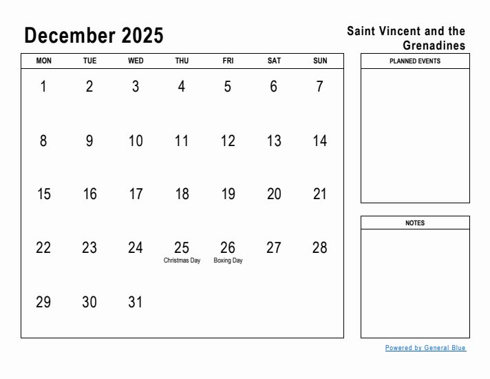 December 2025 Printable Monthly Calendar with Saint Vincent and the Grenadines Holidays