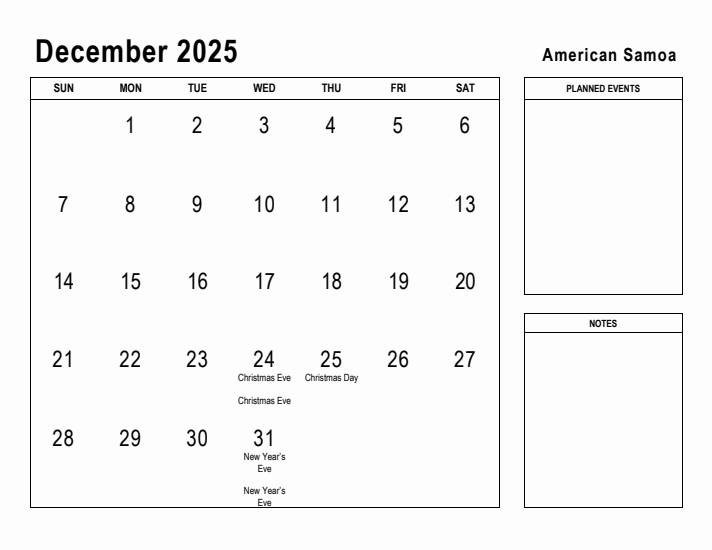 December 2025 Printable Monthly Calendar with American Samoa Holidays