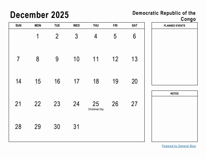 December 2025 Printable Monthly Calendar with Democratic Republic of the Congo Holidays