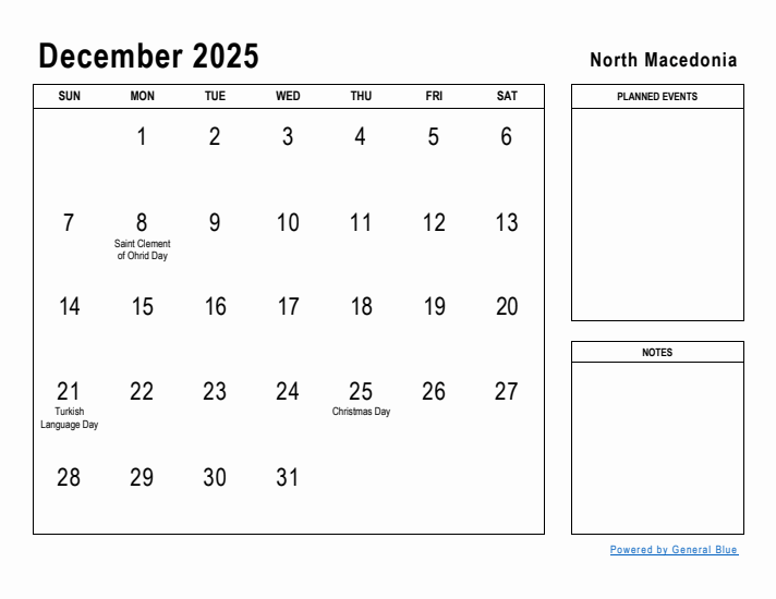 December 2025 Printable Monthly Calendar with North Macedonia Holidays