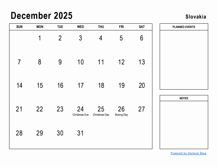December 2025 Printable Monthly Calendar with Slovakia Holidays