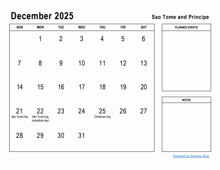 December 2025 Printable Monthly Calendar with Sao Tome and Principe Holidays