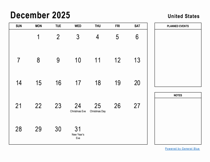 December 2025 Monthly Calendar with United States Holidays