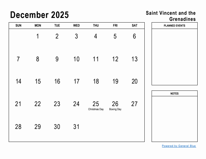 December 2025 Printable Monthly Calendar with Saint Vincent and the Grenadines Holidays