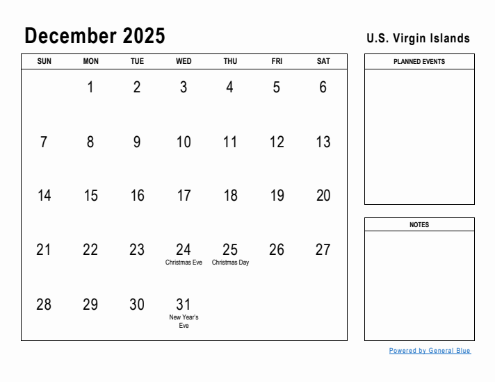 December 2025 Printable Monthly Calendar with U.S. Virgin Islands Holidays