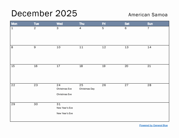 December 2025 Simple Monthly Calendar for American Samoa