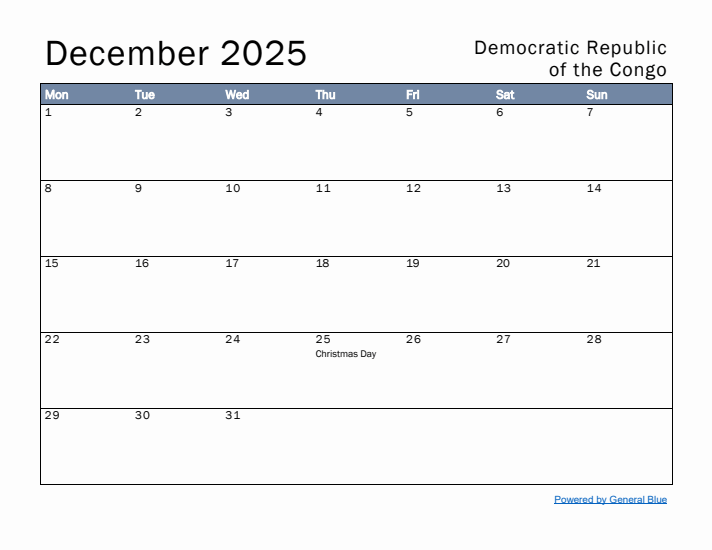 December 2025 Simple Monthly Calendar for Democratic Republic of the Congo