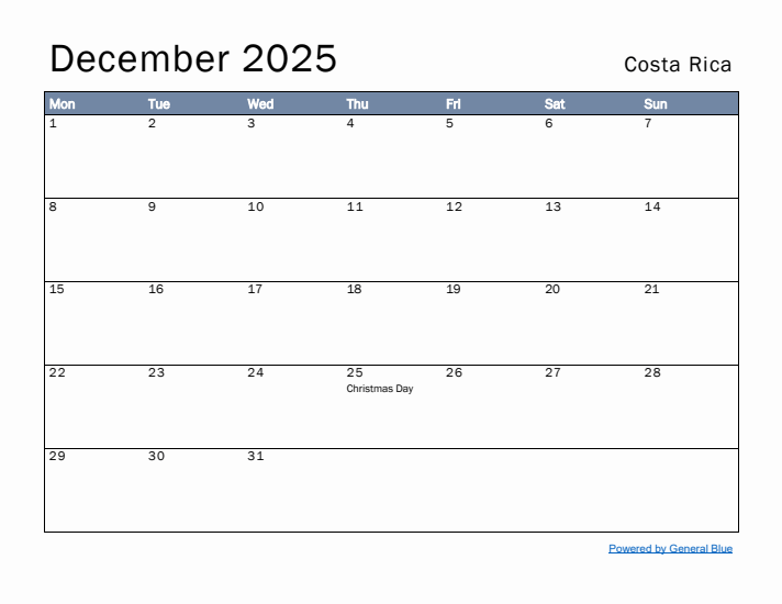December 2025 Simple Monthly Calendar for Costa Rica
