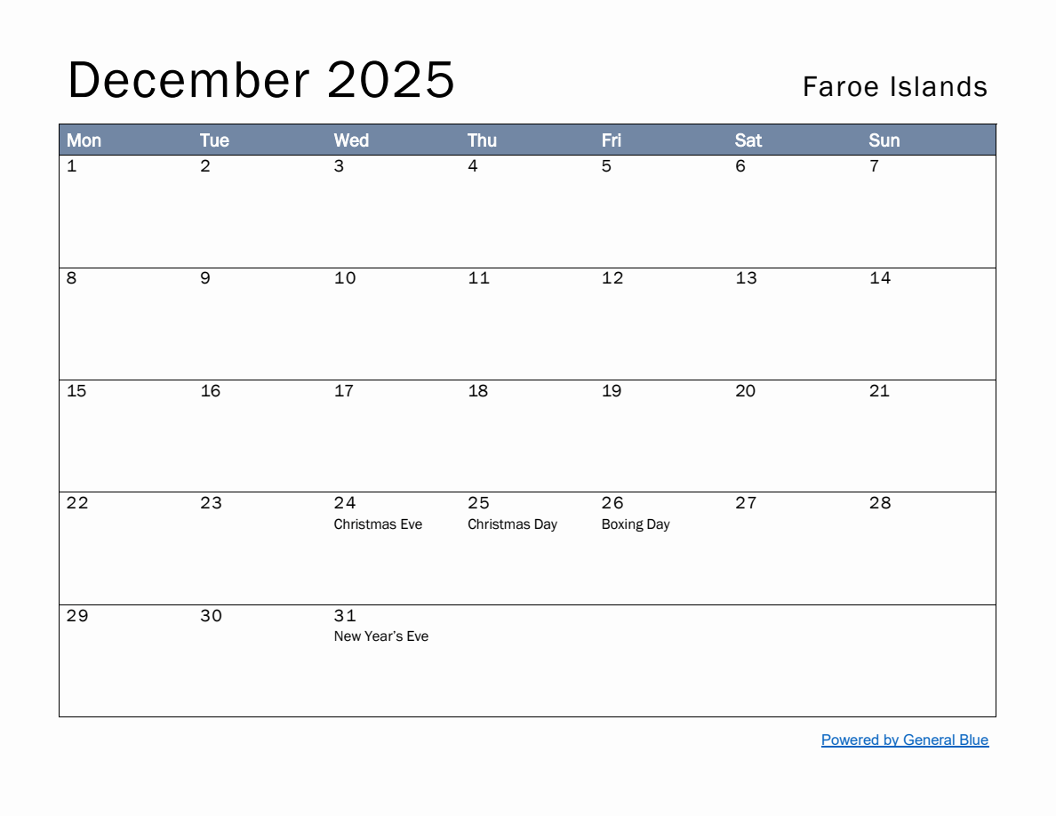 Free Monthly Calendar Template for December 2025 with Faroe Islands ...