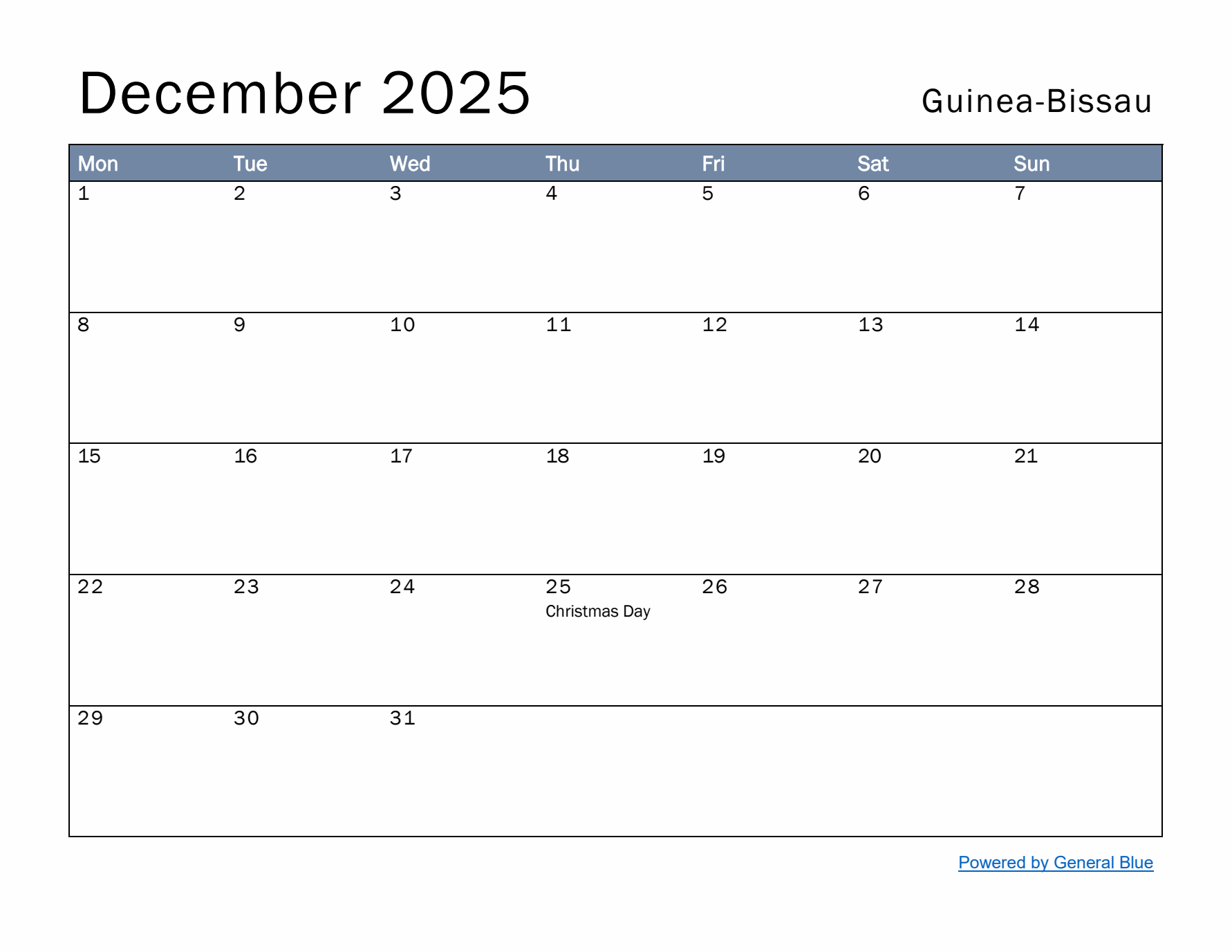 December 2025 Simple Monthly Calendar for Guinea-Bissau