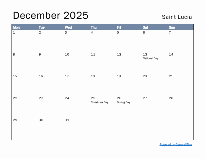 December 2025 Simple Monthly Calendar for Saint Lucia