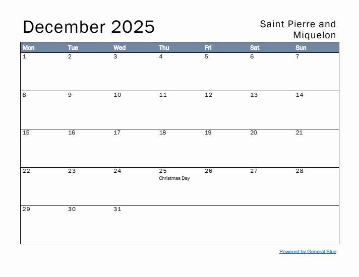 December 2025 Simple Monthly Calendar for Saint Pierre and Miquelon