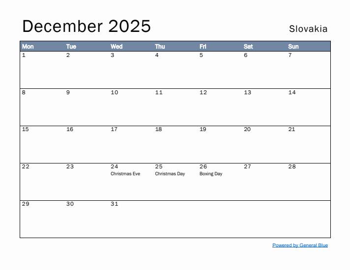 December 2025 Simple Monthly Calendar for Slovakia