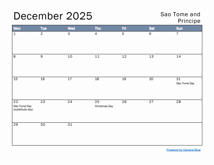 December 2025 Simple Monthly Calendar for Sao Tome and Principe