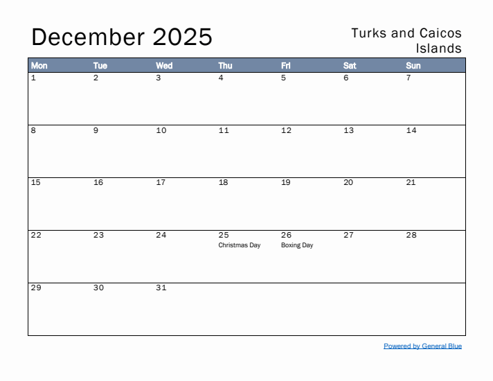 December 2025 Simple Monthly Calendar for Turks and Caicos Islands