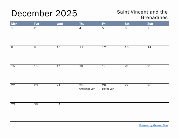 December 2025 Simple Monthly Calendar for Saint Vincent and the Grenadines