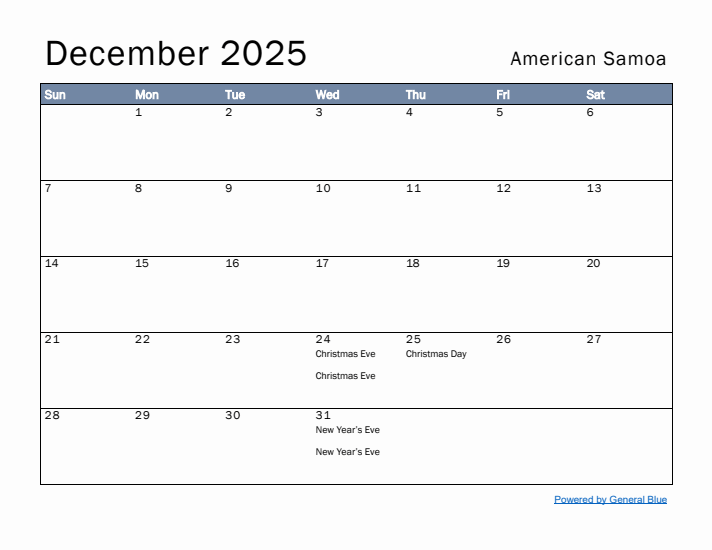 December 2025 Simple Monthly Calendar for American Samoa