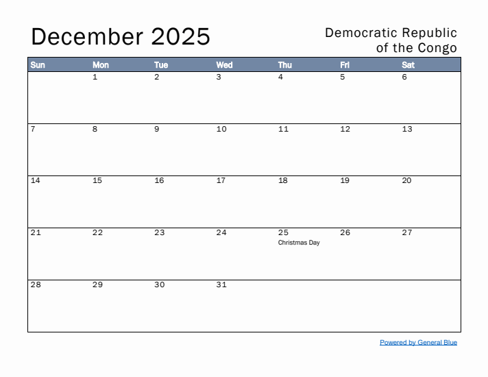 December 2025 Simple Monthly Calendar for Democratic Republic of the Congo