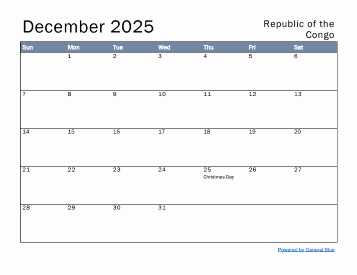 December 2025 Simple Monthly Calendar for Republic of the Congo