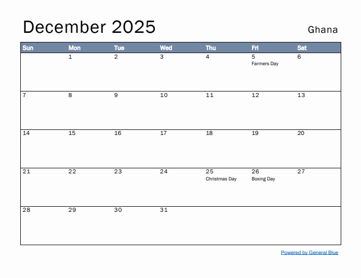 December 2025 Simple Monthly Calendar for Ghana