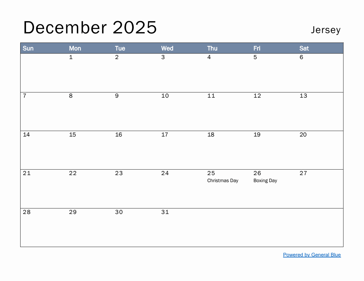 Free Monthly Calendar Template for December 2025 with Jersey Holidays