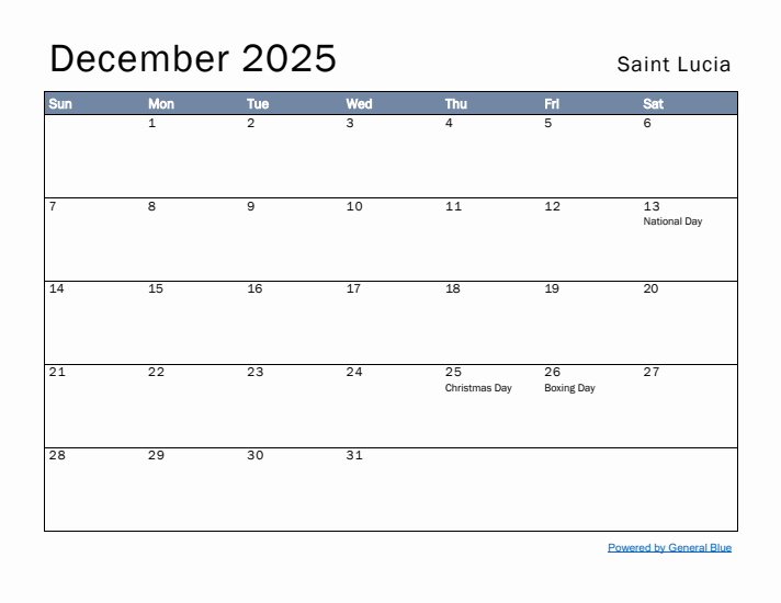 December 2025 Simple Monthly Calendar for Saint Lucia