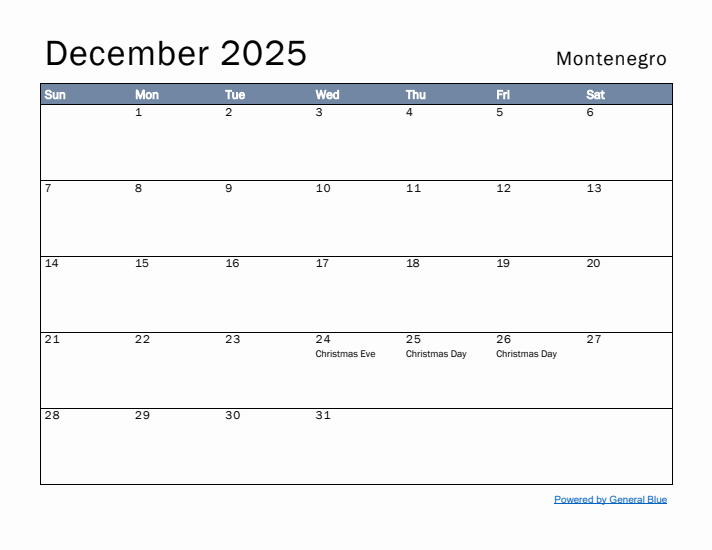 December 2025 Simple Monthly Calendar for Montenegro