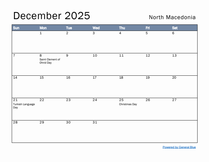 December 2025 Simple Monthly Calendar for North Macedonia