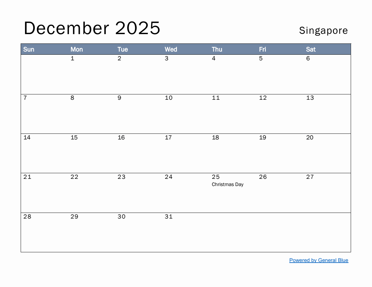 Free Monthly Calendar Template for December 2025 with Singapore Holidays