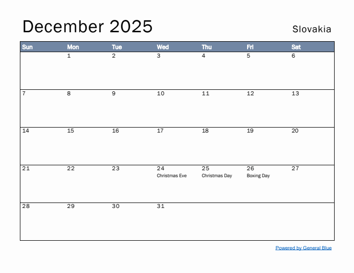 December 2025 Simple Monthly Calendar for Slovakia