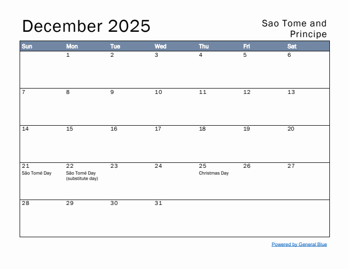 December 2025 Simple Monthly Calendar for Sao Tome and Principe