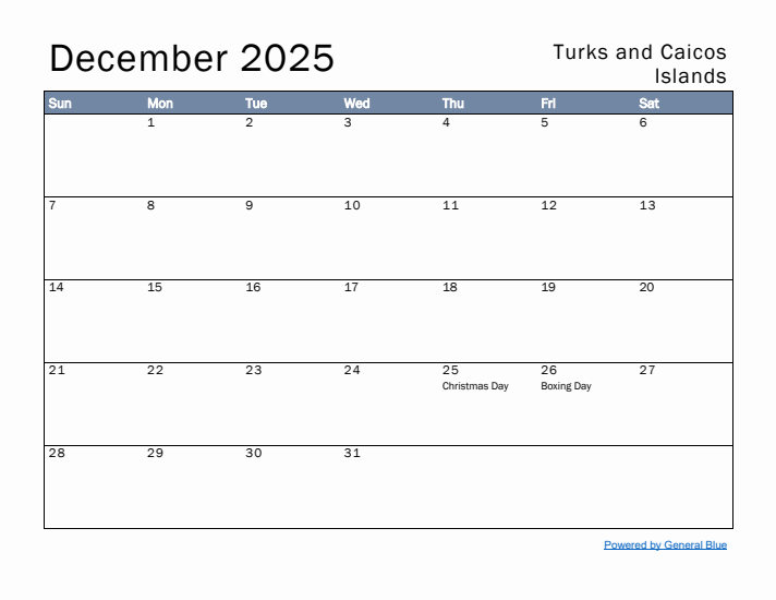 December 2025 Simple Monthly Calendar for Turks and Caicos Islands