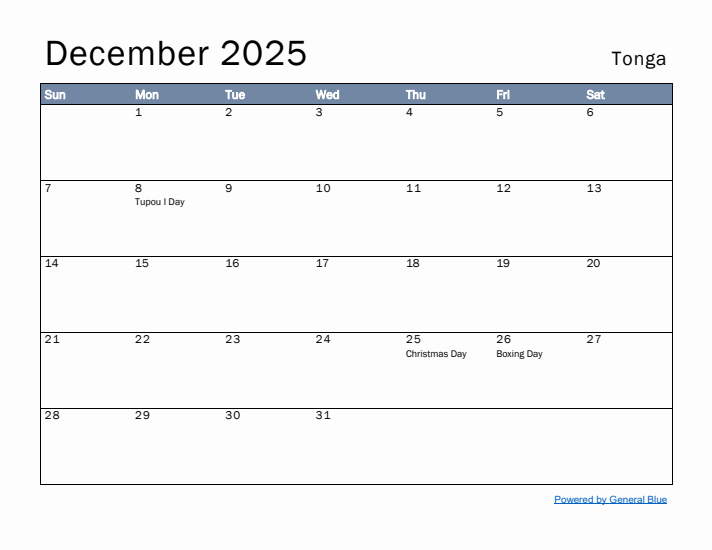 December 2025 Simple Monthly Calendar for Tonga