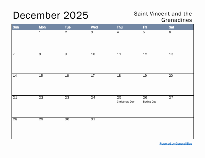 December 2025 Simple Monthly Calendar for Saint Vincent and the Grenadines