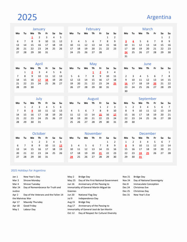 Basic Yearly Calendar with Holidays in Argentina for 2025 