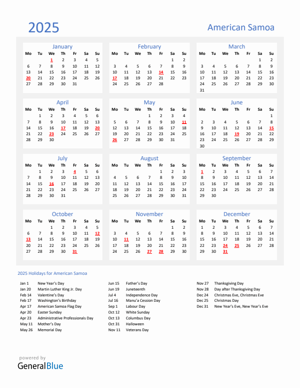 Basic Yearly Calendar with Holidays in American Samoa for 2025 