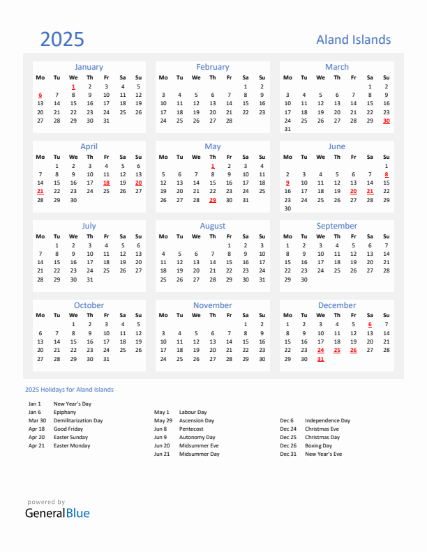 Basic Yearly Calendar with Holidays in Aland Islands for 2025