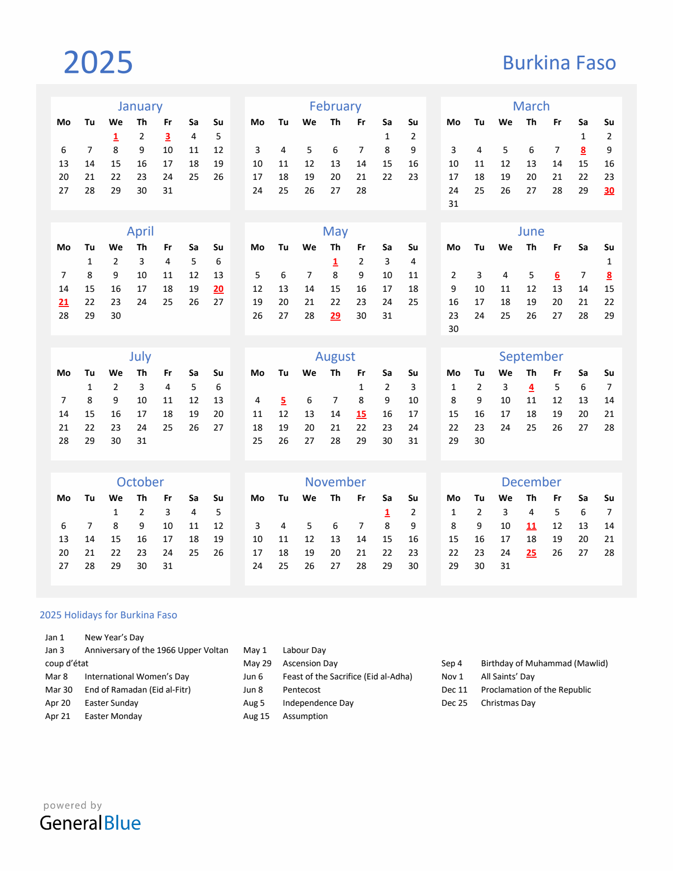 Basic Yearly Calendar with Holidays in Burkina Faso for 2025