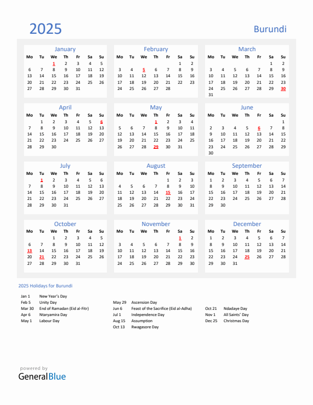 Basic Yearly Calendar with Holidays in Burundi for 2025