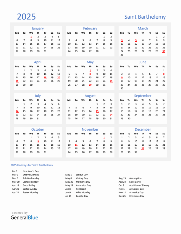 Basic Yearly Calendar with Holidays in Saint Barthelemy for 2025